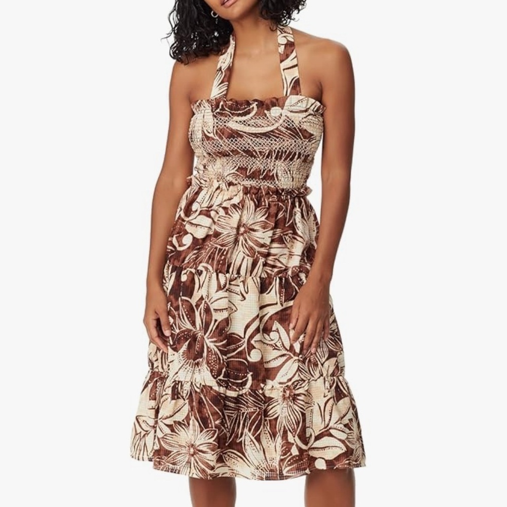 Sam Edelman Jennie Halter Dress Sundress Brown Floral Tiered Skirt Small Beach